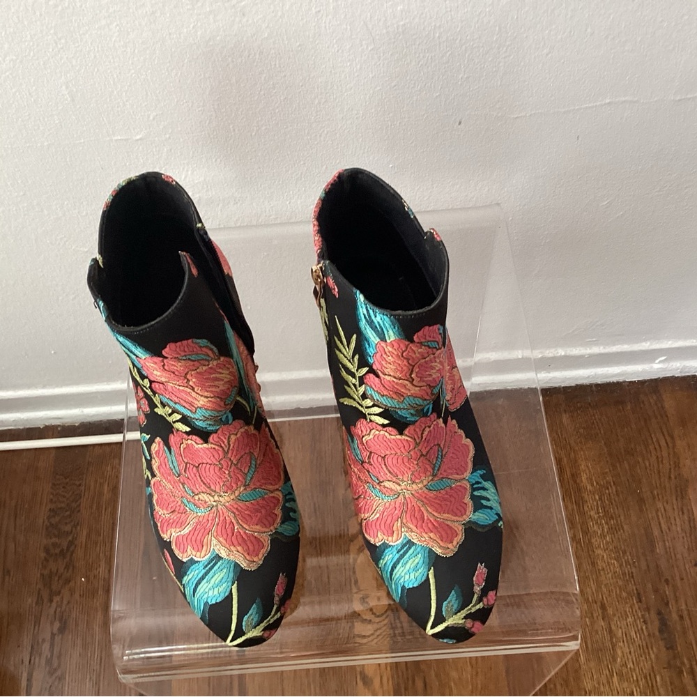 J.Renee Black Ankle Boots with Pink and Blue Floral Design